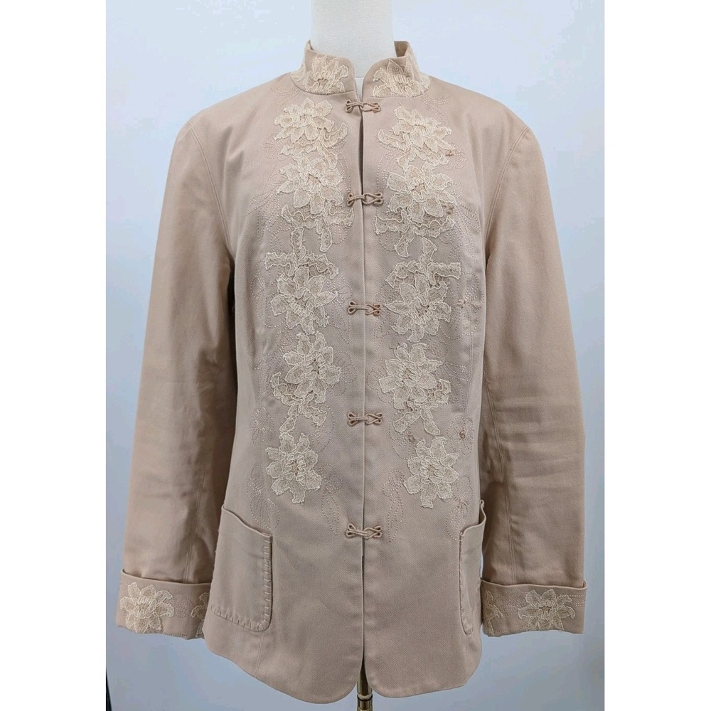 Coldwater Creek Blazer Jacket Lace Embroidered Floral Design Beige Size 1X Hooks